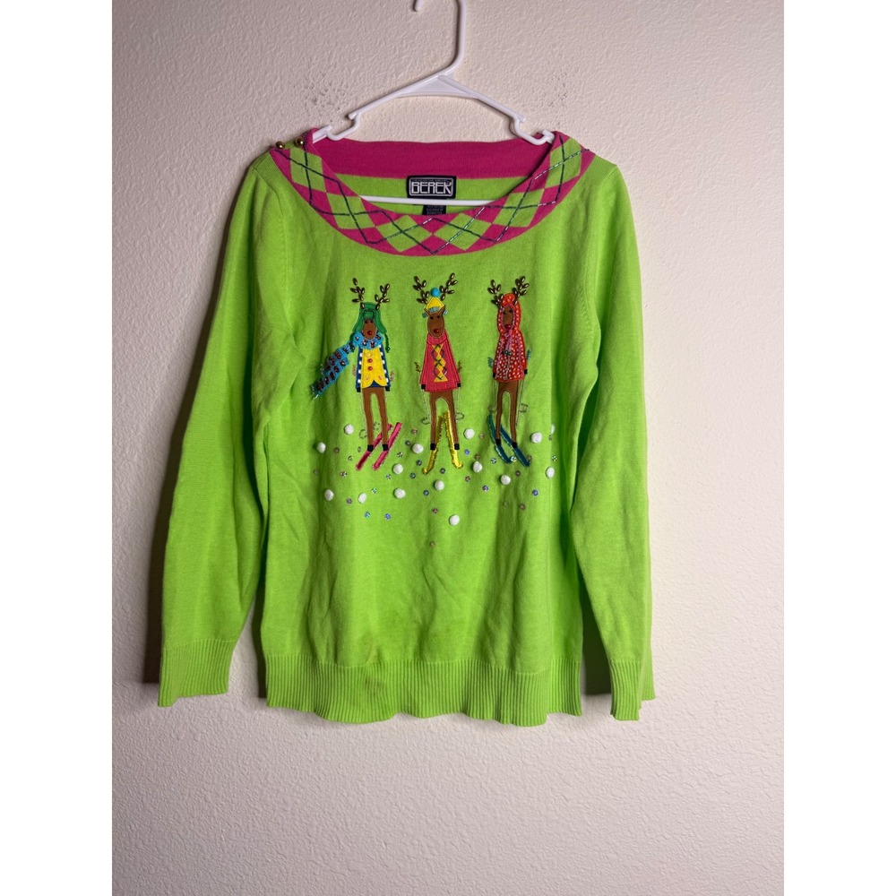 Berek Sweater Womens Reindeer Ugly Christmas Green Embellished M